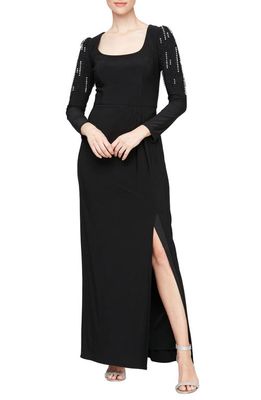 Alex & Eve Embellished Long Sleeve Column Gown in Black