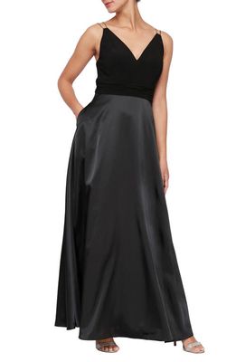 Alex & Eve Mixed Media Crystal Strap Gown in Black
