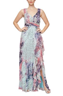 Alex & Eve Printed Pleated Column Gown in Sage Multi