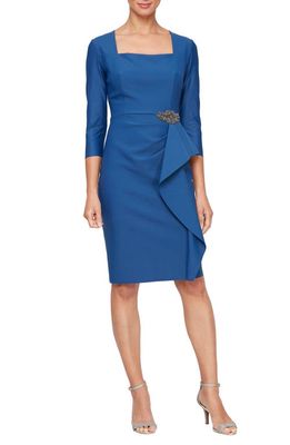 Alex Evenings Bead Detail Cascade Ruffle Sheath Dress in Indigo 