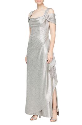 Alex Evenings Cold Shoulder Cowl Neck Metallic Gown in Champagne