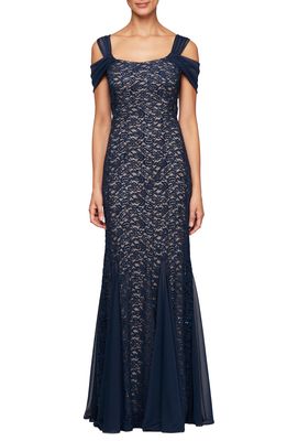 Alex Evenings Cold Shoulder Fit & Flare Evening Gown in Navy/Nude