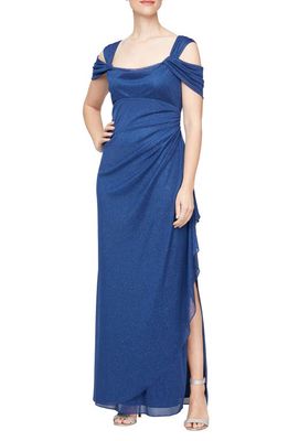 Alex Evenings Cold Shoulder Ruffle Glitter Evening Gown in Electric/Blue