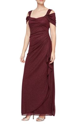 Alex Evenings Cold Shoulder Ruffle Glitter Evening Gown in Fig