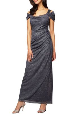 Alex Evenings Cold Shoulder Ruffle Glitter Evening Gown in Smoke