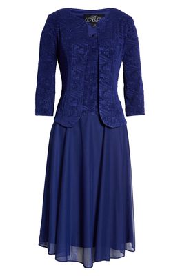 Alex Evenings Diamonte Embroidery Two-Piece Jacket & Cocktail Dress in Electric/Blue