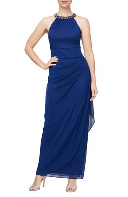 Alex Evenings Embellished Halter Ruched Column Formal Gown in Electric/Blue