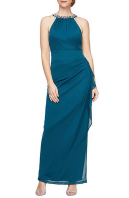 Alex Evenings Embellished Halter Ruched Column Formal Gown in Peacock