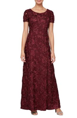 Alex Evenings Embellished Lace A-Line Evening Gown in Merlot