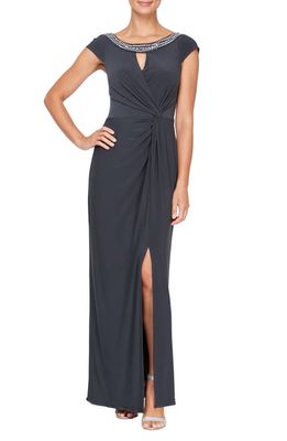 Alex Evenings Embellished Neck Cap Sleeve Column Gown in Charcoal