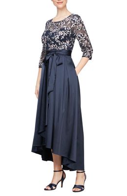 Alex Evenings Embroidered Beaded High-Low Gown in Navy/Pink