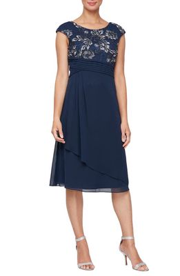 Alex Evenings Embroidered Bodice A-Line Cocktail Dress in Navy/Silver
