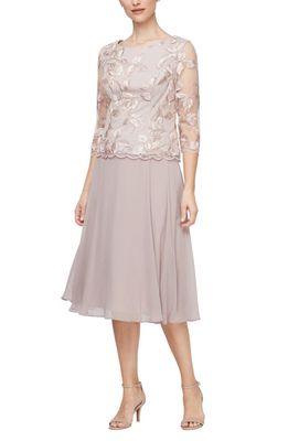 Alex Evenings Embroidered Bodice Cocktail Midi Dress in Latte