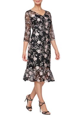 Alex Evenings Embroidered Fit & Flare Cocktail Dress in Black/Blush