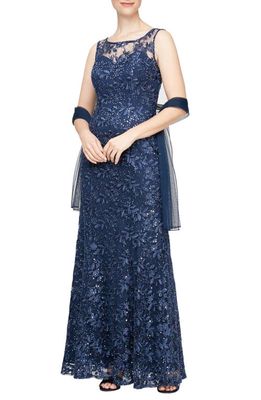 Alex Evenings Embroidered Illusion Neck Evening Gown with Shawl in Navy