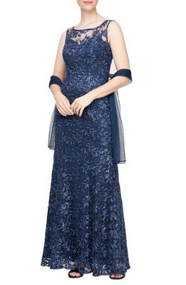 Alex Evenings Embroidered Illusion Neck Gown with Shawl in Navy