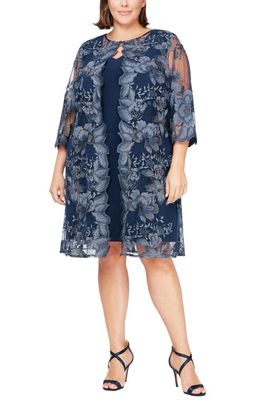 Alex Evenings Embroidered Lace Mock Jacket Cocktail Dress in Navy