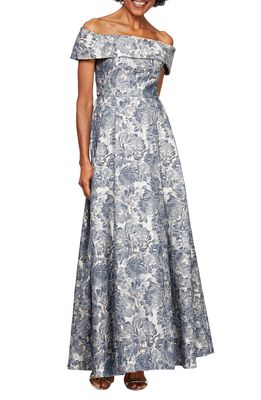 Alex Evenings Floral Brocade Off the Shoulder Gown in Silver Multi