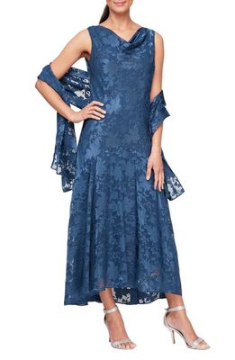Alex Evenings Floral Burnout Fil Coupé Dress with Shawl in Wedgewood