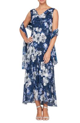 Alex Evenings Floral Cowl Neck A-Line Dress with Shawl in Navy Multi