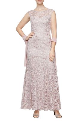 Alex Evenings Floral Embroidered Evening Gown with Wrap in Rose