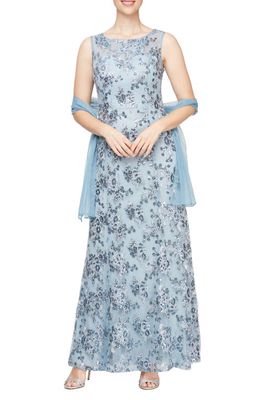 Alex Evenings Floral Embroidered Evening Gown with Wrap in Vintage Blue