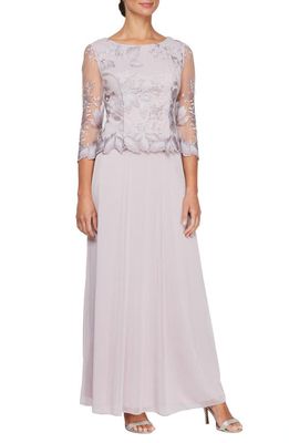 Alex Evenings Floral Embroidered Overlay Gown in Smokey Orchid