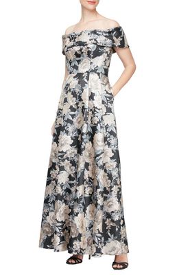 Alex Evenings Floral Off the Shoulder Gown in Black/Taupe