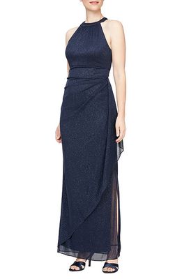 Alex Evenings Halter Glitter Formal Gown in Dark Navy