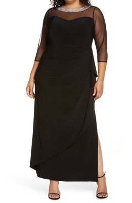 Alex Evenings Illusion Sleeve Side Ruched Gown in Black