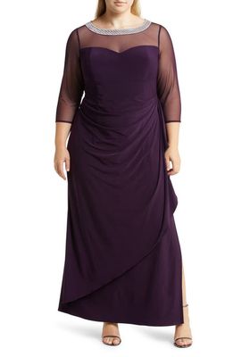 Alex Evenings Illusion Sleeve Side Ruched Gown in Eggplant