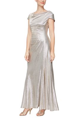 Alex Evenings Metallic Cap Sleeve A-Line Gown in Champagne