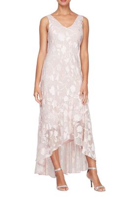 Alex Evenings Metallic Floral High-Low Chiffon Jacquard Midi Dress with Jacket in Shell Pink