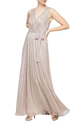Alex Evenings Metallic Sleeveless Faux Wrap Gown in Champagne