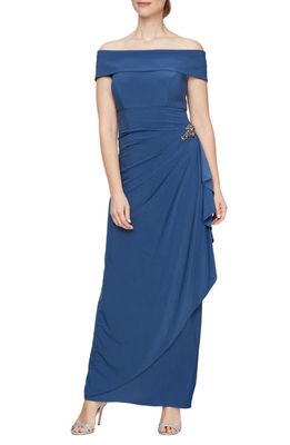 Alex Evenings Off the Shoulder Embellished Column Formal Gown in Wedgewood