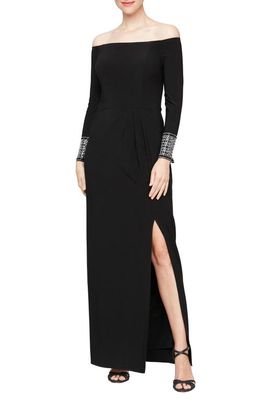 Alex Evenings Off the Shoulder Long Sleeve Gown in Black