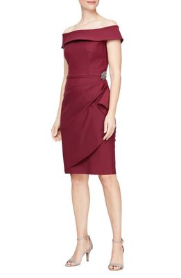 Alex Evenings Off the Shoulder Sheath Cocktail Dress in Wine