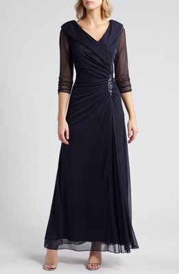 Alex Evenings Pleated Portrait Collar Chiffon Gown in Navy