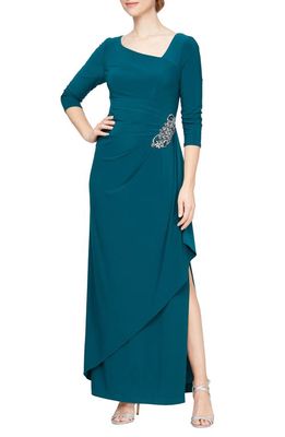 Alex Evenings Ruched Embellished Jersey Gown in Emerald Green