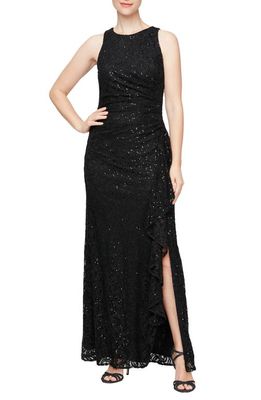 Alex Evenings Ruffle Sequin Lace Formal Gown in Black