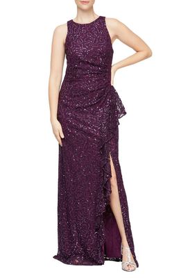 Alex Evenings Ruffle Sequin Lace Formal Gown in Plum