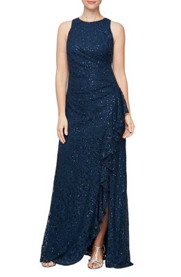 Alex Evenings Ruffle Sequin Lace Gown in Navy