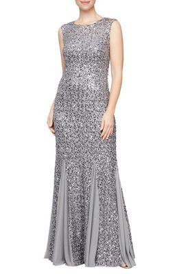 Alex Evenings Sequin Chiffon Godet Trumpet Gown in Pewter Frost