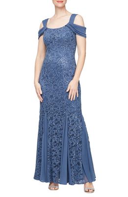 Alex Evenings Sequin Cold Shoulder Lace Gown in Wedgewood