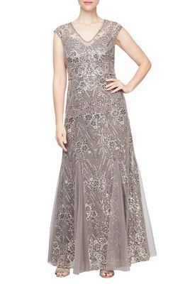 Alex Evenings Sequin Embroidered Evening Gown in Rich Taupe