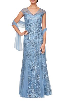 Alex Evenings Sequin Embroidered Evening Gown in Vintage Blue