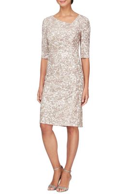 Alex Evenings Sequin Embroidered Sheath Cocktail Dress in Ivory Taupe