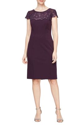 Alex Evenings Sequin Embroidered Yoke Sheath Cocktail Dress in Eggplant