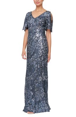 Alex Evenings Sequin Lace Cold Shoulder Trumpet Evening Gown in Charcoal