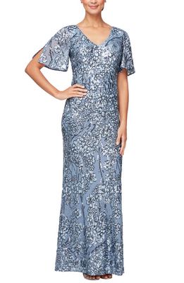 Alex Evenings Sequin Lace Cold Shoulder Trumpet Evening Gown in Hydrangea